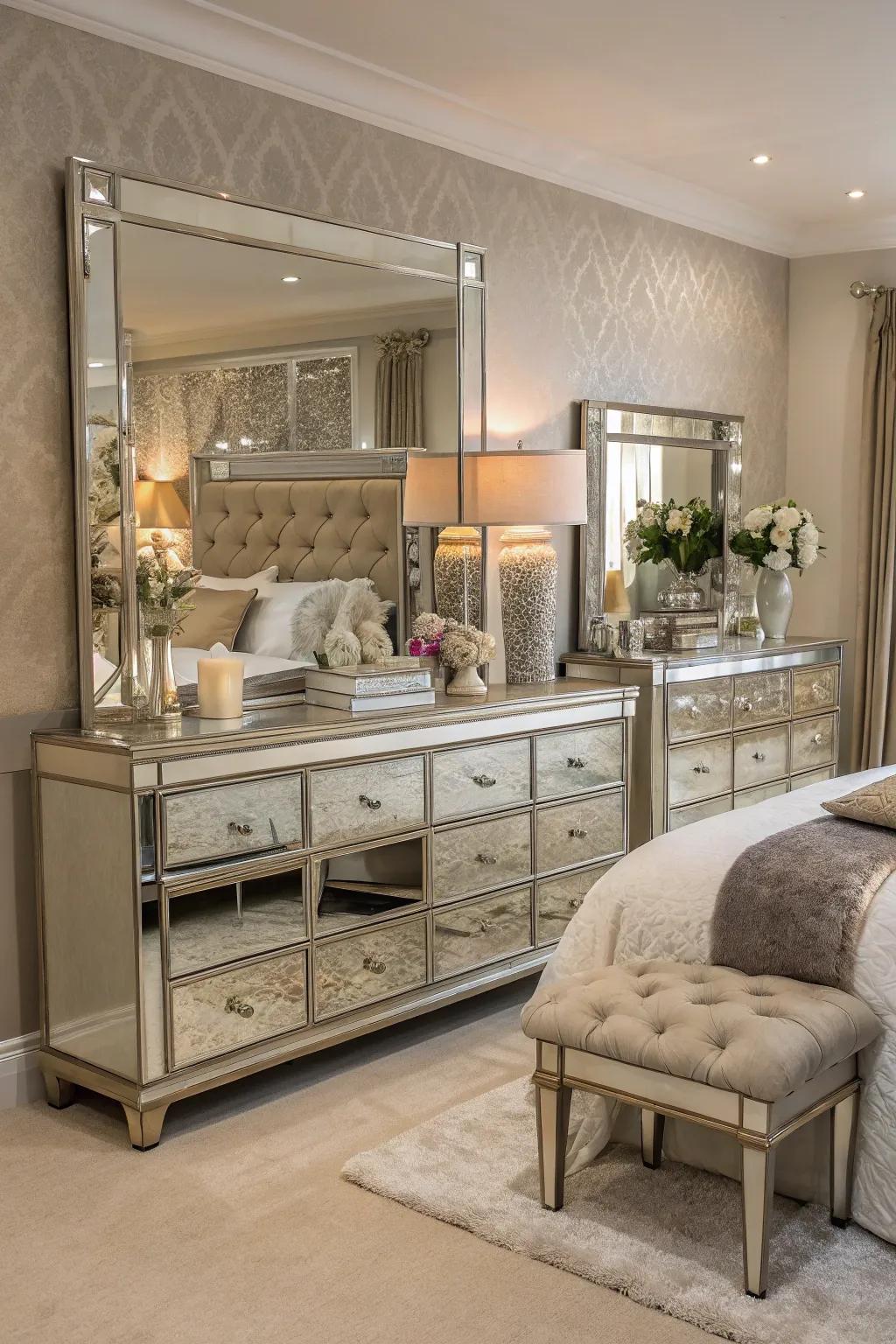Mirrored furnishings incorporate sophistication and brilliantly reflect light.