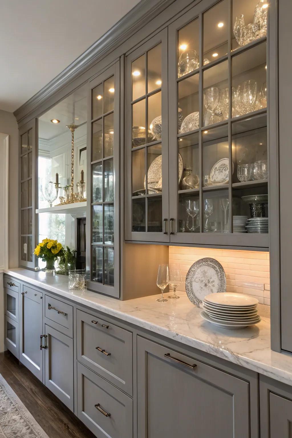 Glass-front cabinets add openness and style to gray cabinetry.