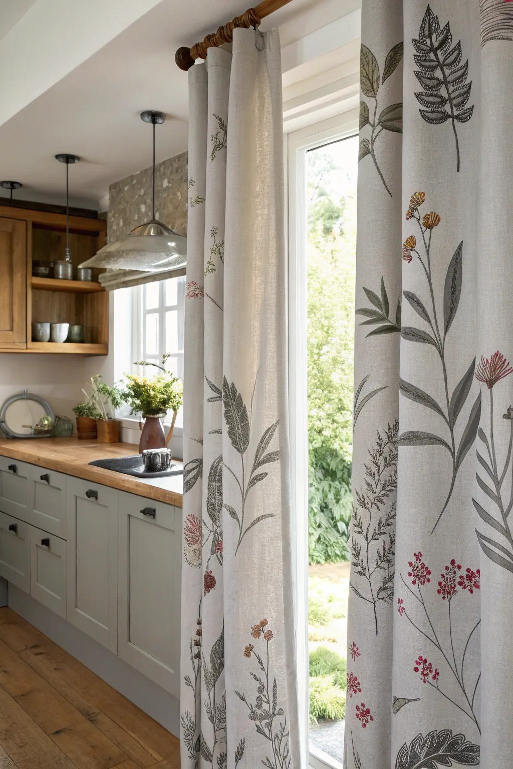 Nature-inspired imprints on gray drapes for a calming kitchen atmosphere.