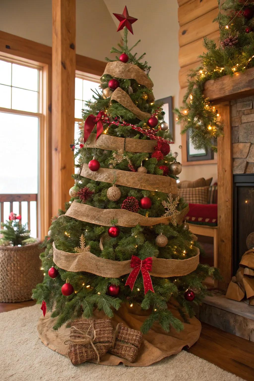 A rustic Christmas tree featuring charming crimson and emerald accents.