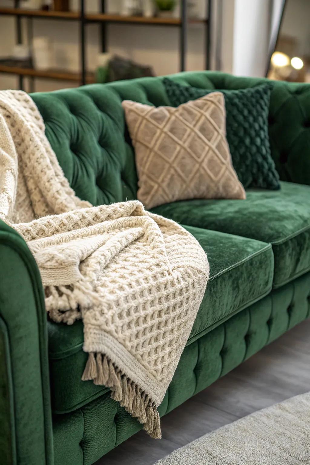A snug lounge featuring a green velvet couch and layered textured throws.