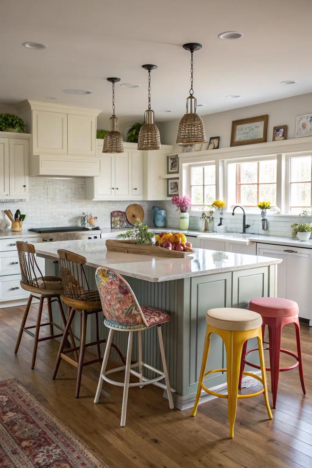 Varied mixed and matched seating inside a modern kitchen