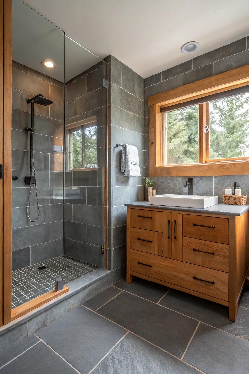 Comfortable wood tones enhance the cool grey bathroom.