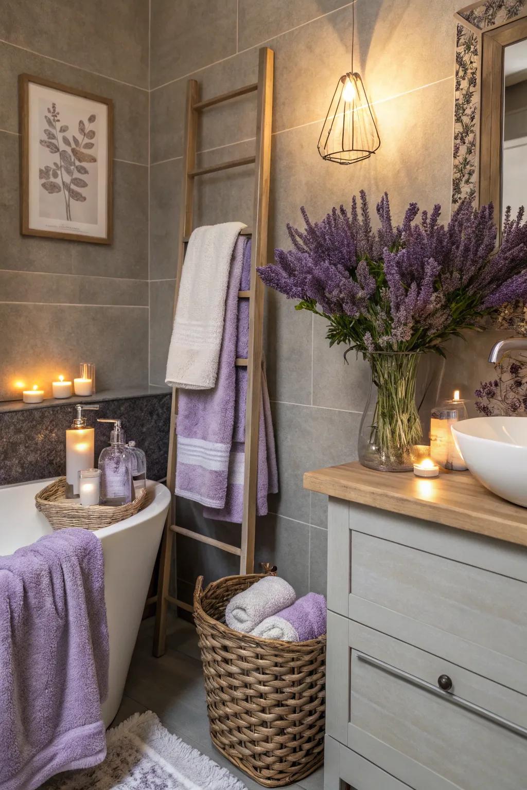 Grey and lavender institute an unexpectedly graceful and pacifying lavatory.