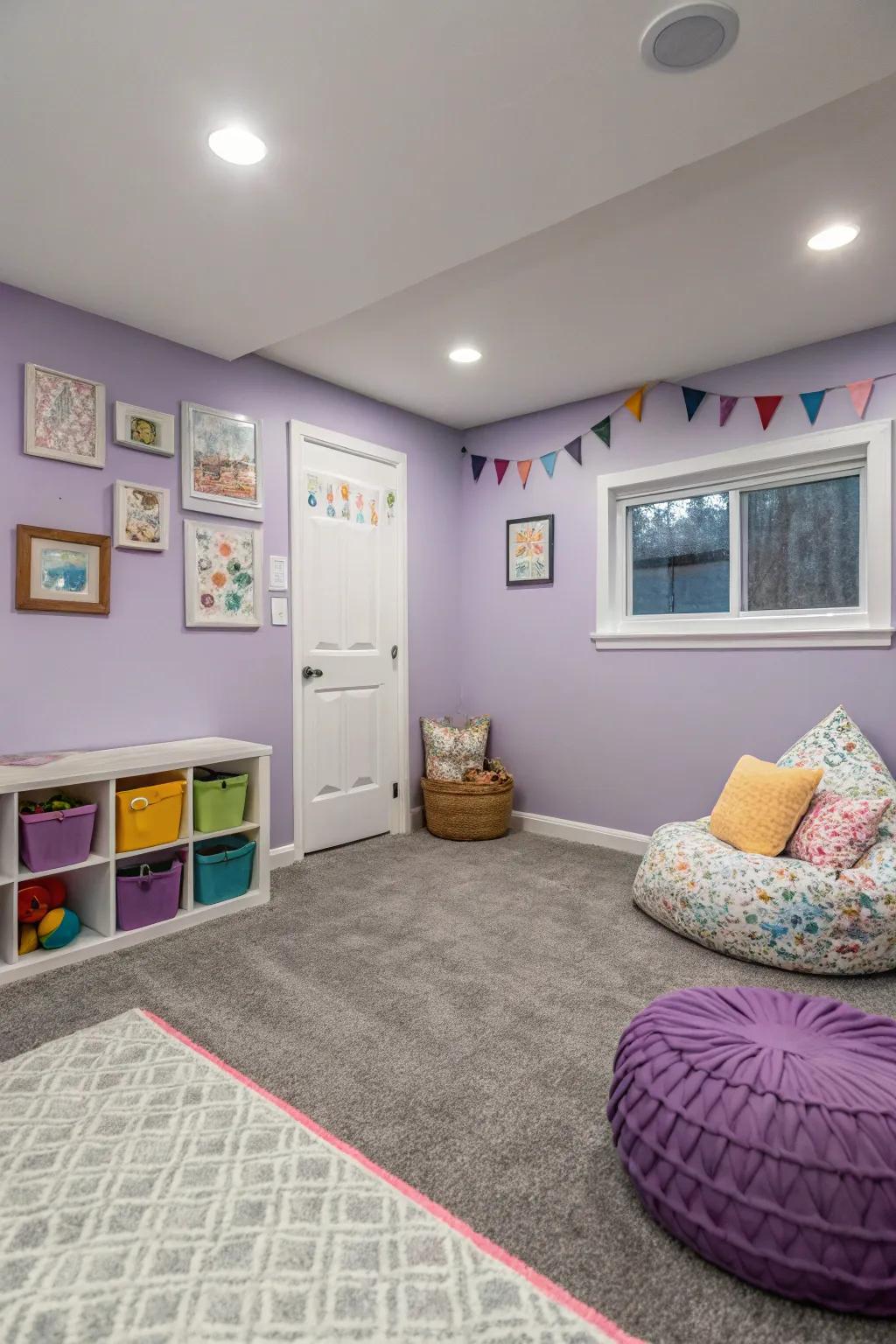 Violet walls introduce whimsy and appeal to rooms featuring grey carpet.