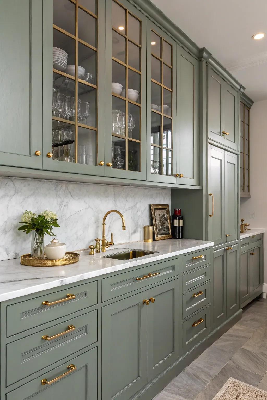 Golden accents bring subdued affluence to grey-green cabinets.
