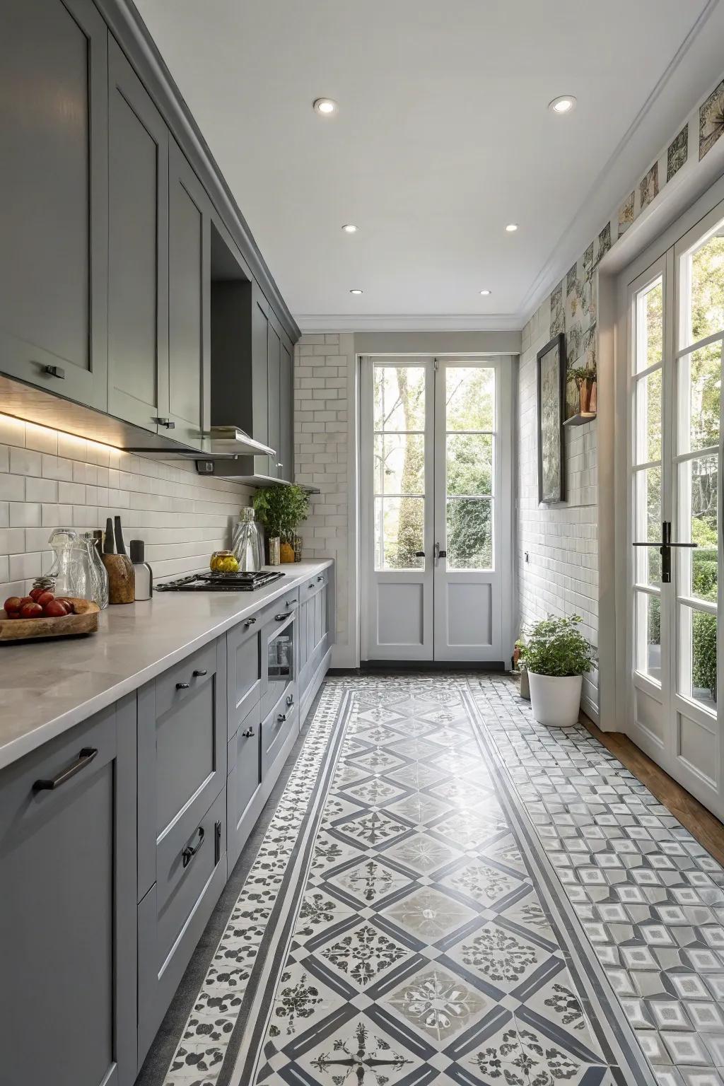 Regular patterns bring creativity and fun to a grey kitchen.