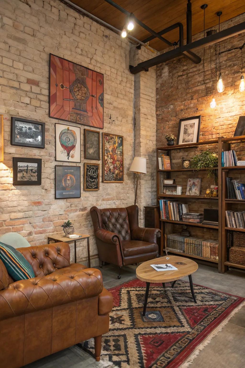 Uncovered brick partitions contribute raw charm and authenticity.