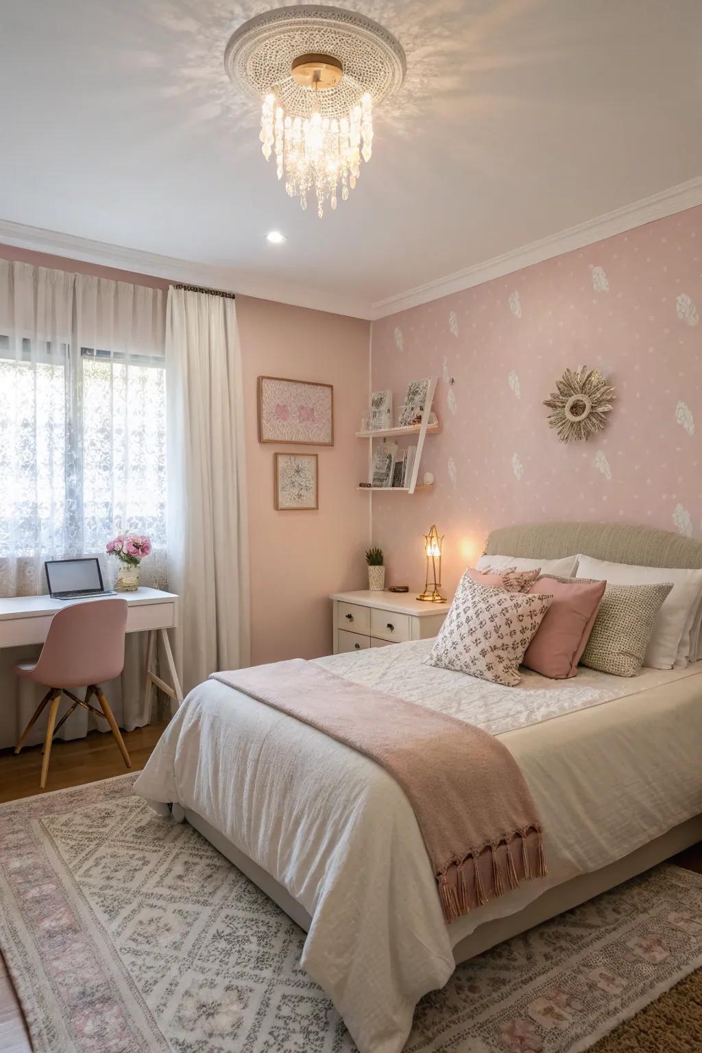 A guest room with subtle rosy pink for a gentle ambiance.
