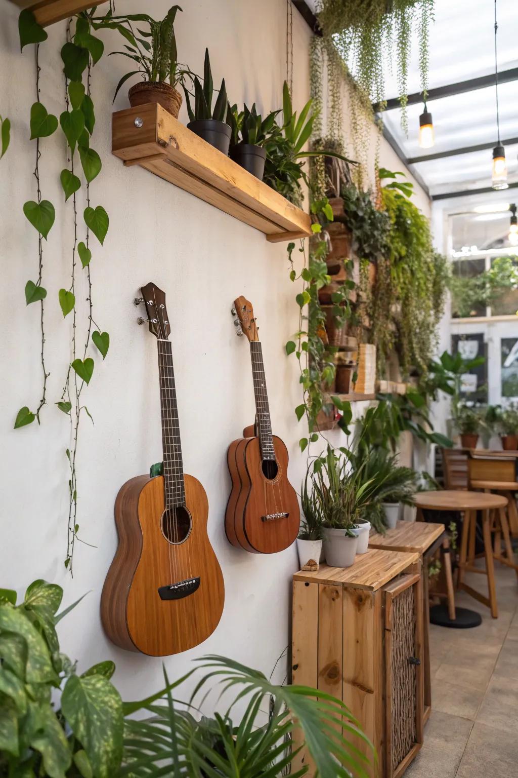 Guitars exhibited with greenery for a natural presence.
