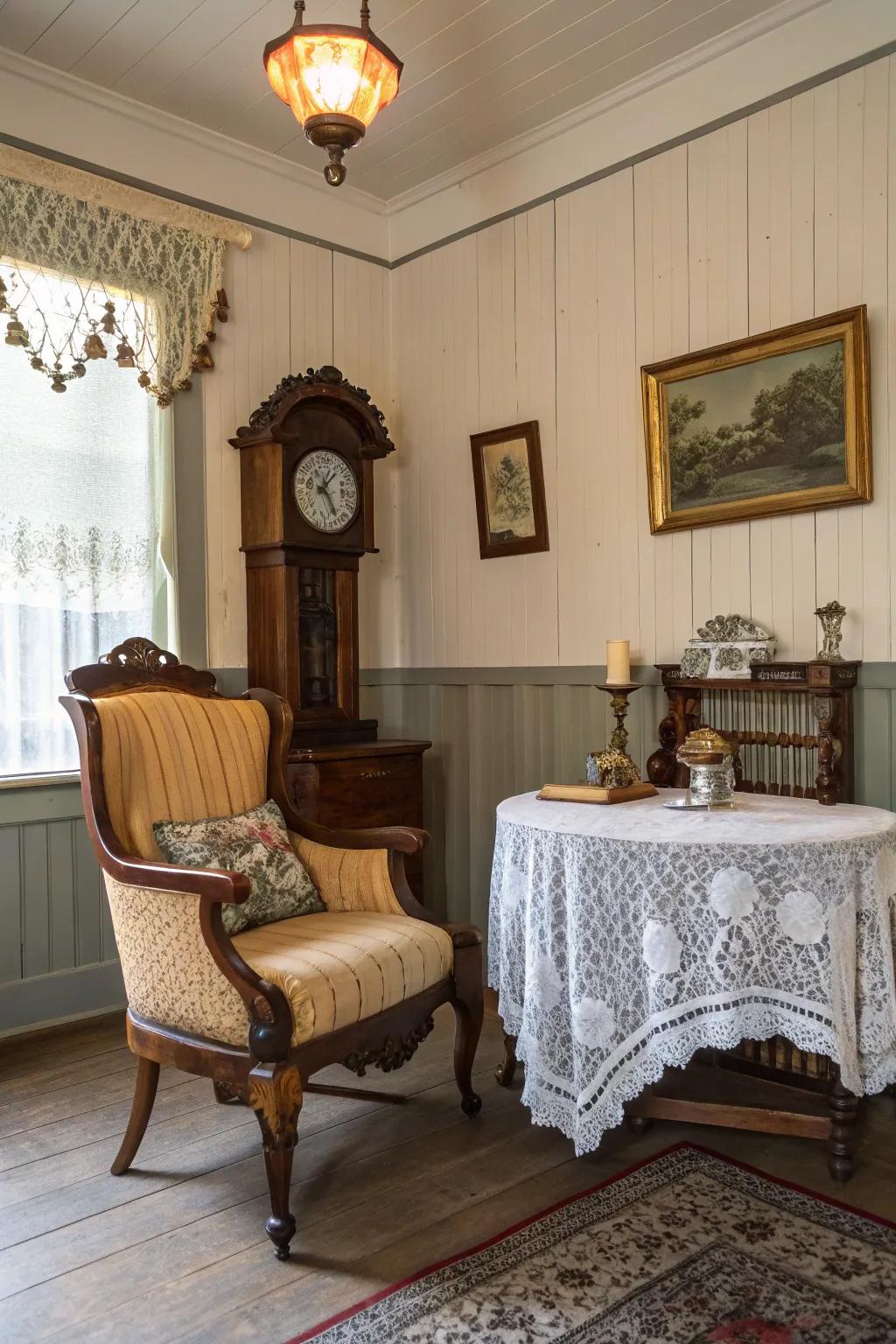Ornate chair rails and shiplap evoke aged allure.