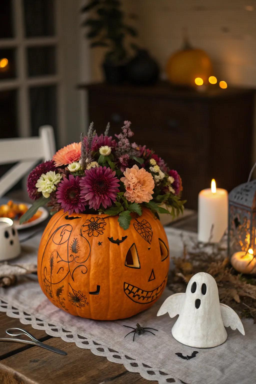 Gourd centerpieces introduce a seasonal allure to the table.