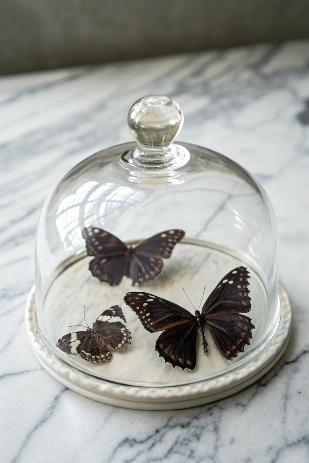 An elegant display of butterflies inside a dome.