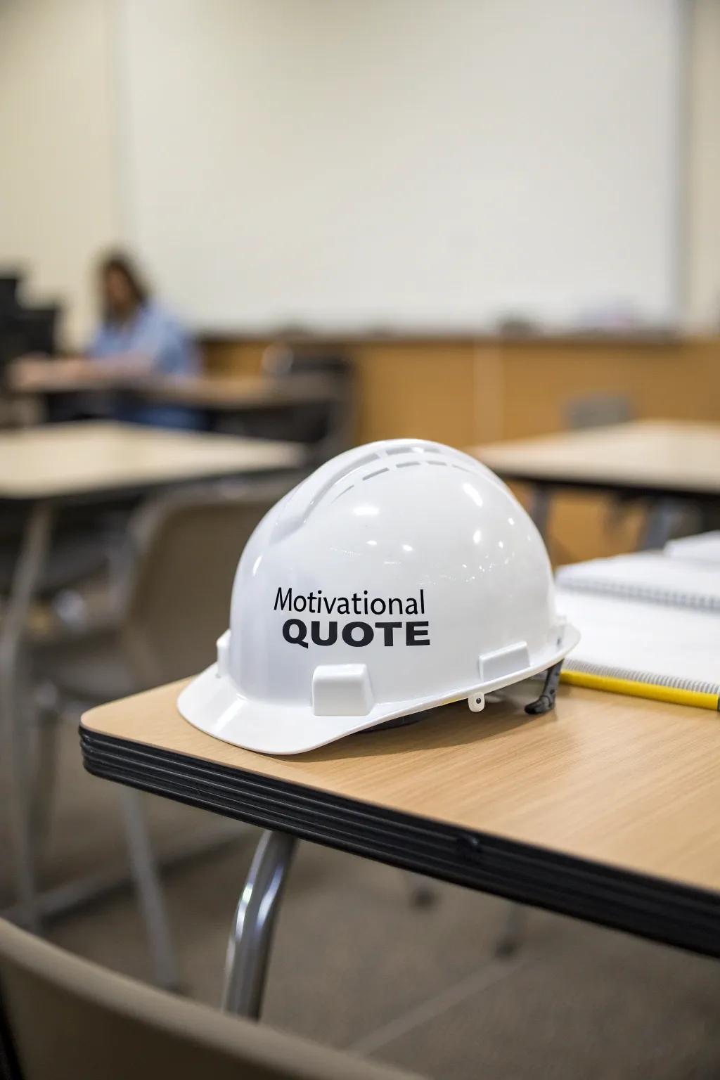 A hard hat bearing an inspiring message.