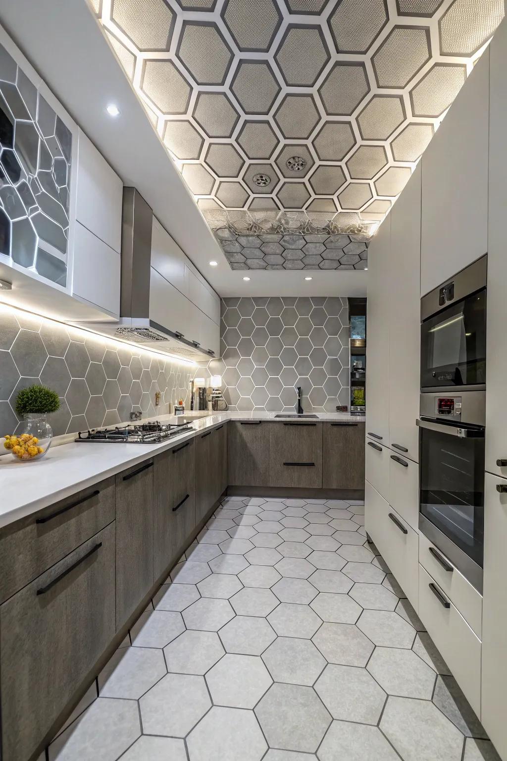 Hexagon overhead designs contribute an element of surprise and creative flair.