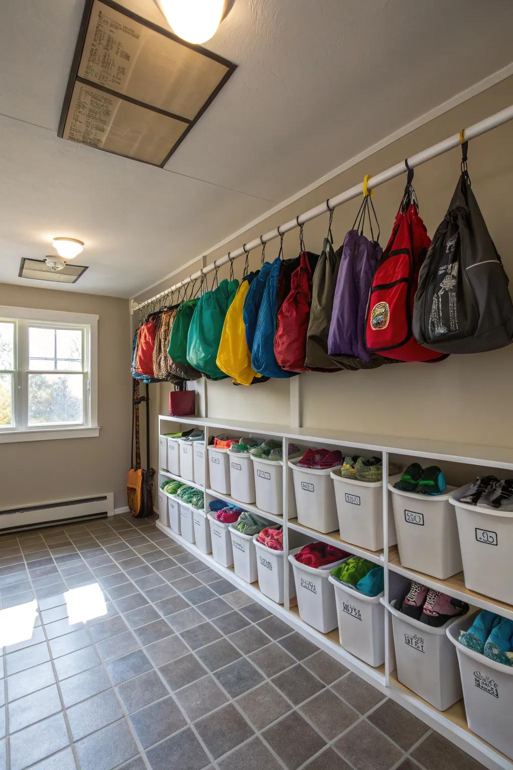 Ceiling-hung shoe bags maximize vertical space for seasonal storage.