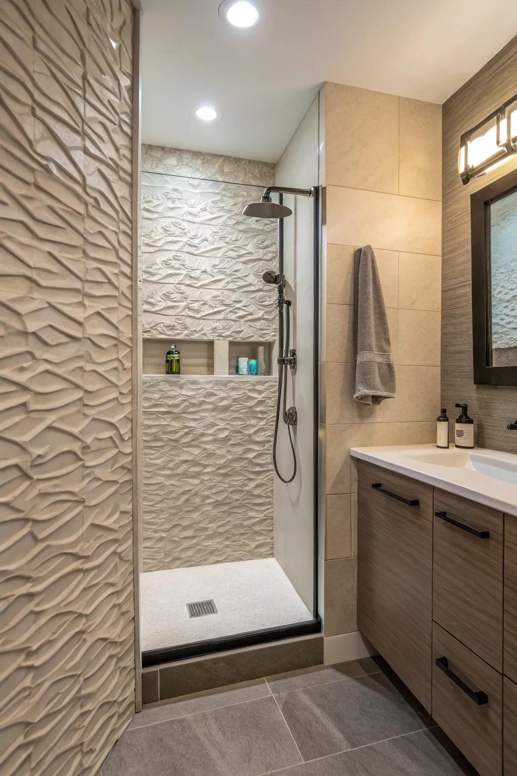 Textured accent walls append dimension to concealed shower designs.