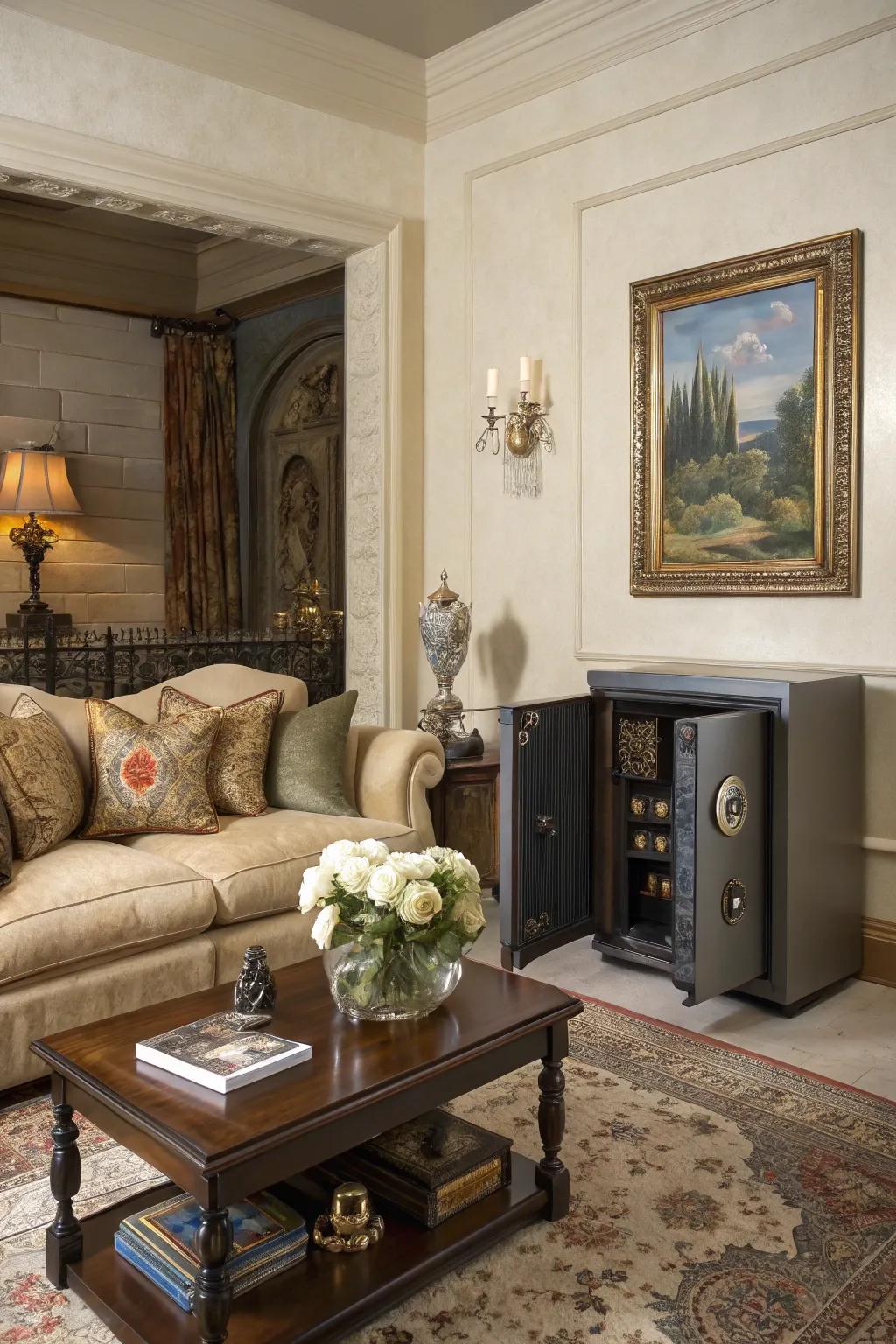 Discreet wall safe hidden behind artwork