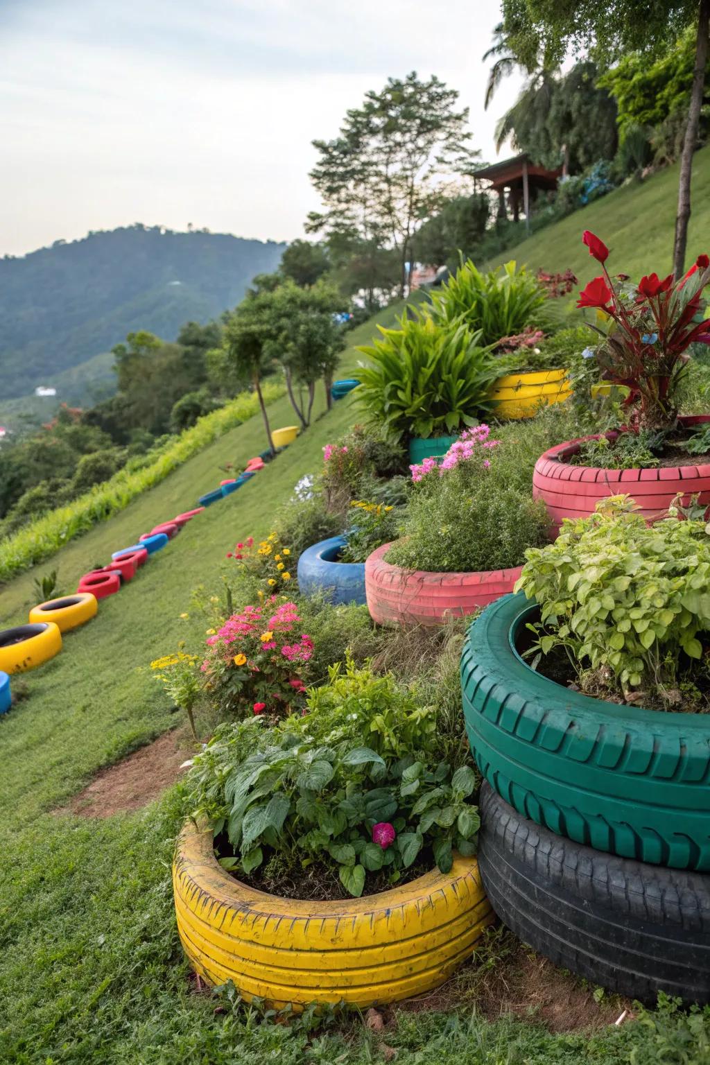 Old tires are used as planters in hillside gardens in a creative and environmentally friendly way.