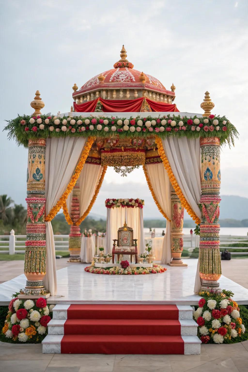 Cultural emblems infusing the mandap with personal significance.