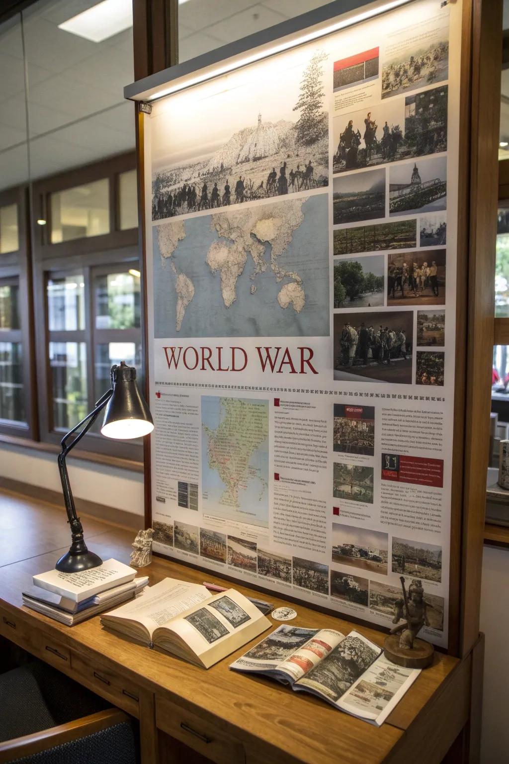 A world war board offering a powerful reflection in a study area.