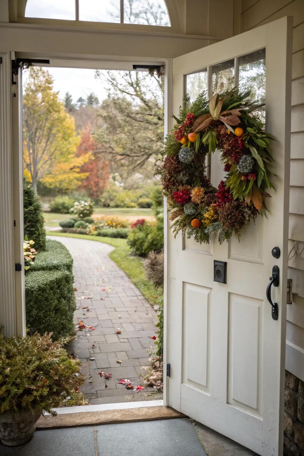 A vibrant holiday circular garland that enhances the visual appeal of the front door.