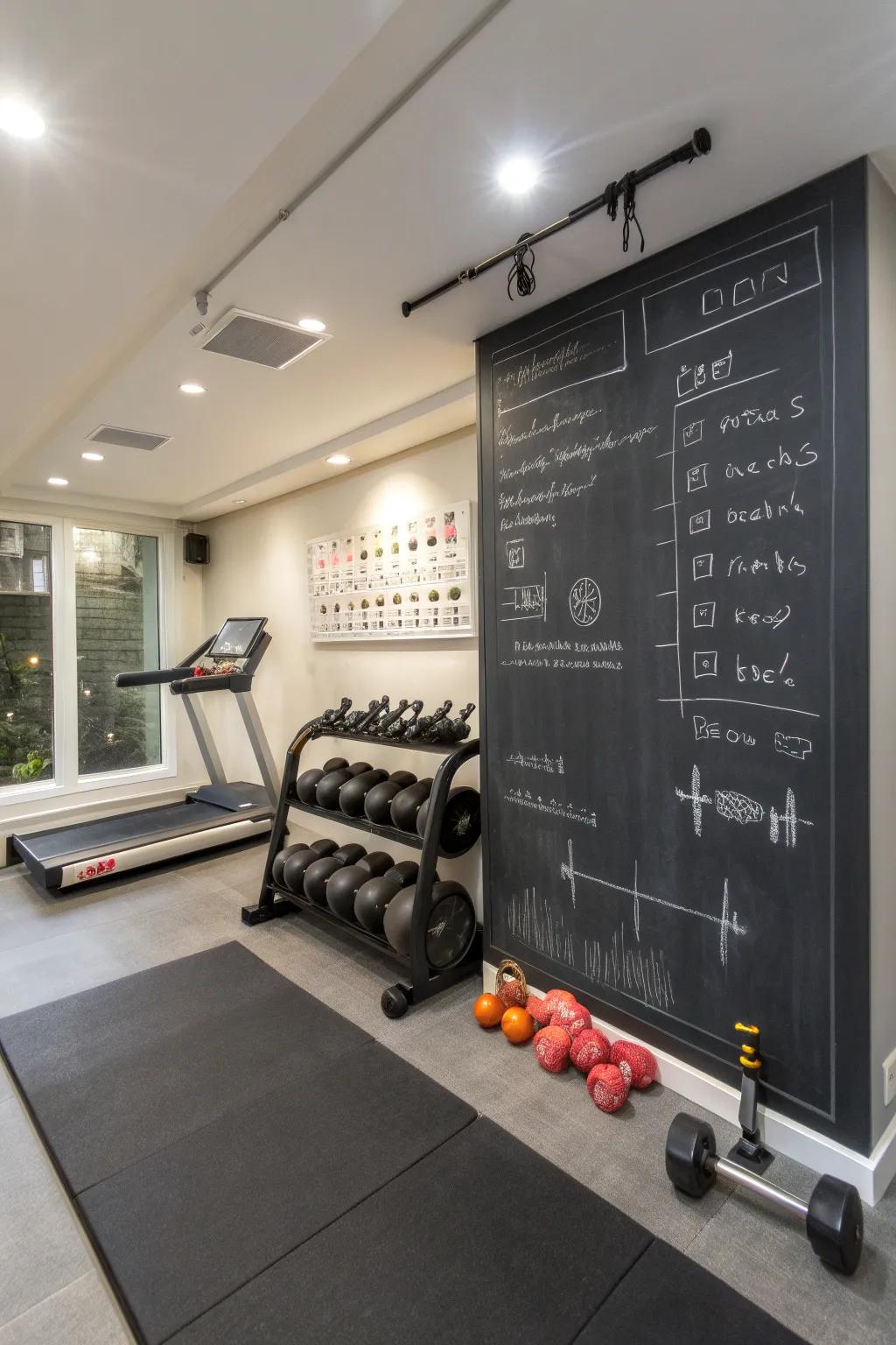 A chalkboard surface contributes practicality and inspiration to your workout area.