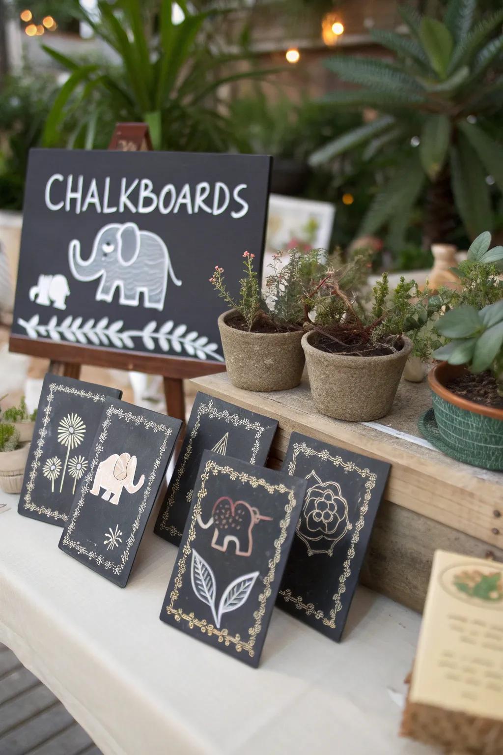 Individualized chalkboard centerpiece featuring elephant art.
