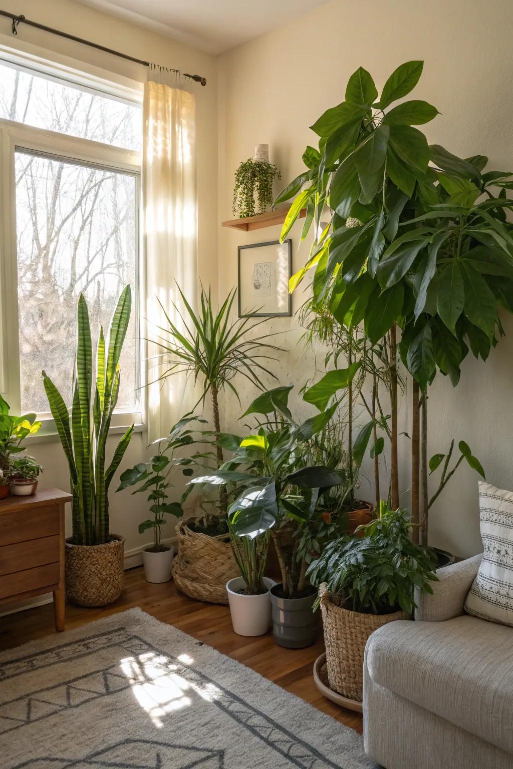 Room enlivened with the freshness of indoor plants.