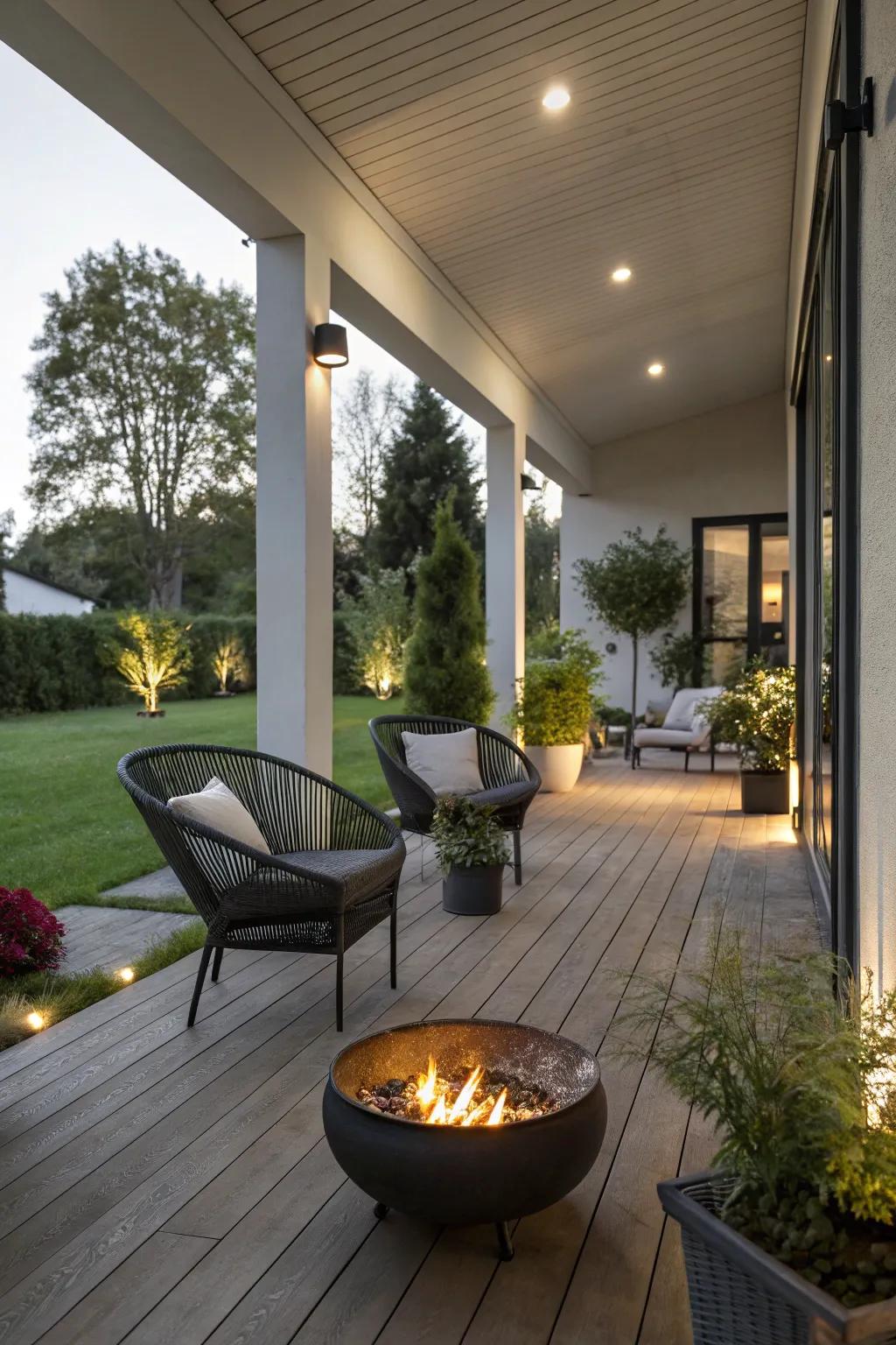 A snug combustion vessel lures cordiality and socialization onto this porch.