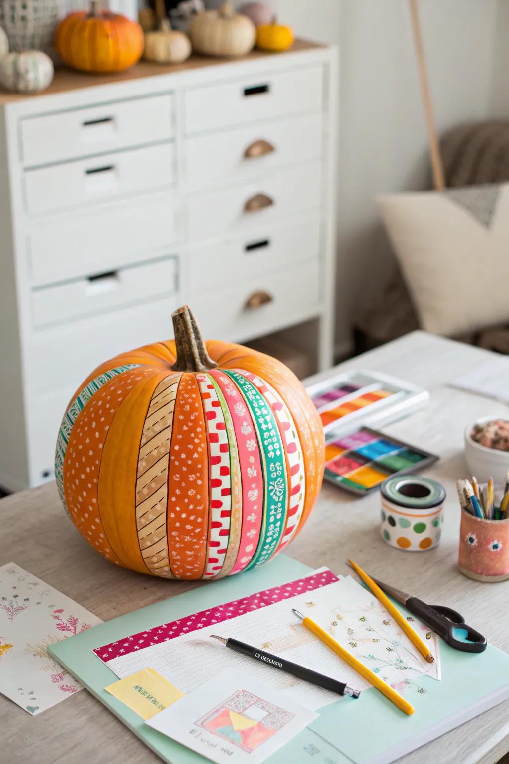 A patterned paper pumpkin that bursts with hue and creativity.