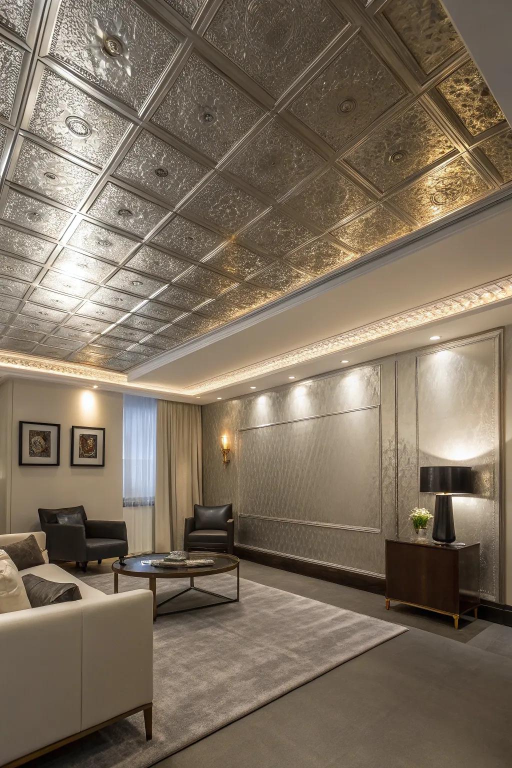 A contemporary chamber with a sumptuous gleaming coat on the overhead plane.