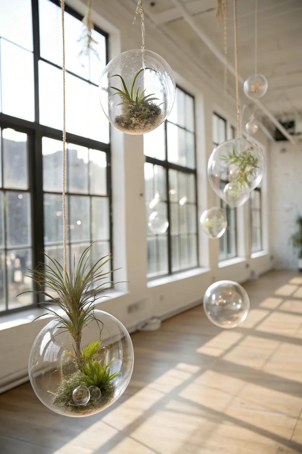 Floating glass orbs featuring air plants for an ethereal effect.