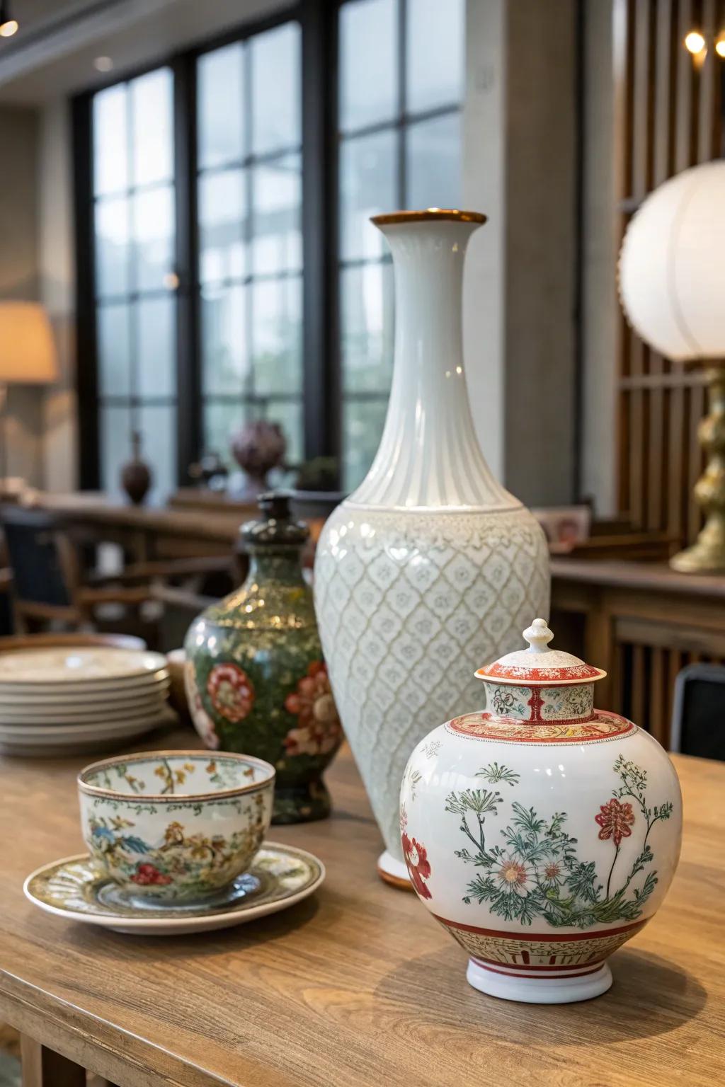 A spirited fusion of vintage and modern china articles establishing a distinctive display.