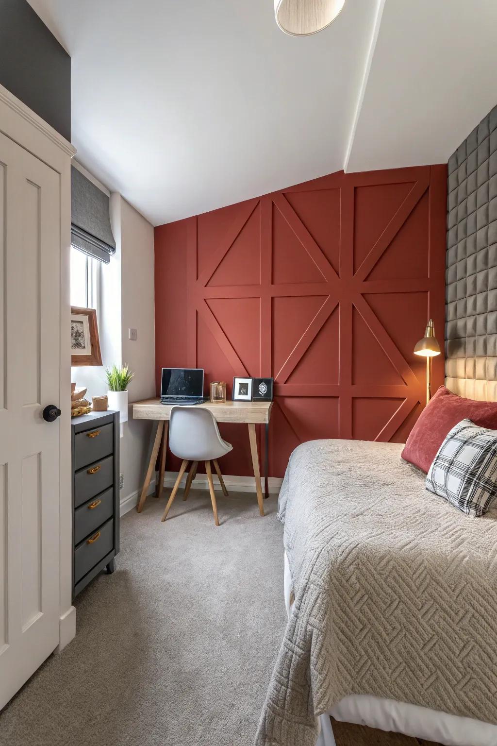 A compact sleeping chamber featuring a deep azure accent wall that enhances the sense of dimension.