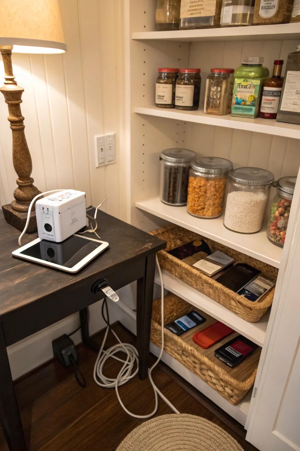 A compact nook in the pantry functions as a family docking center.