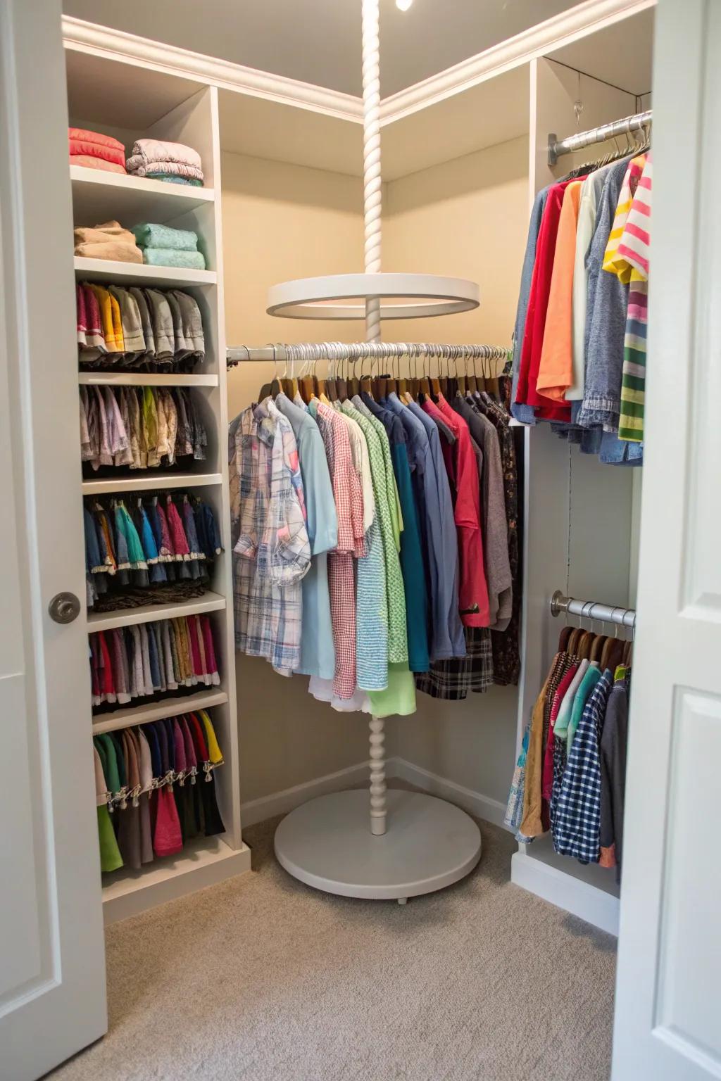 Rotating rack maximizes small wardrobe space.