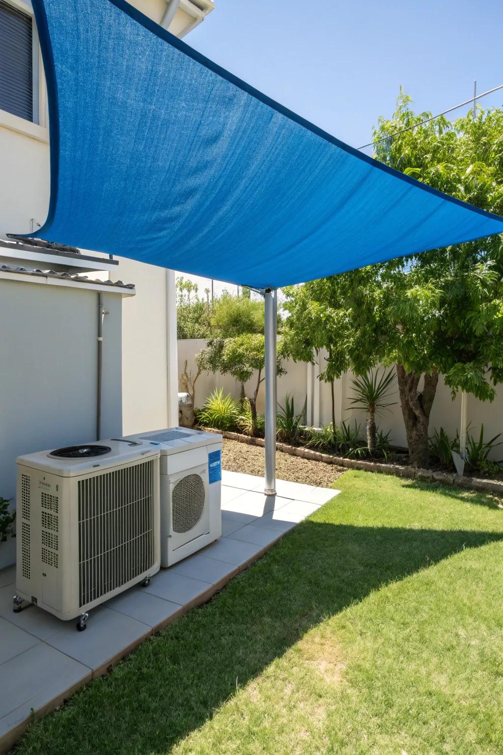 A vibrant shade sail offers contemporary shelter and visual allure.