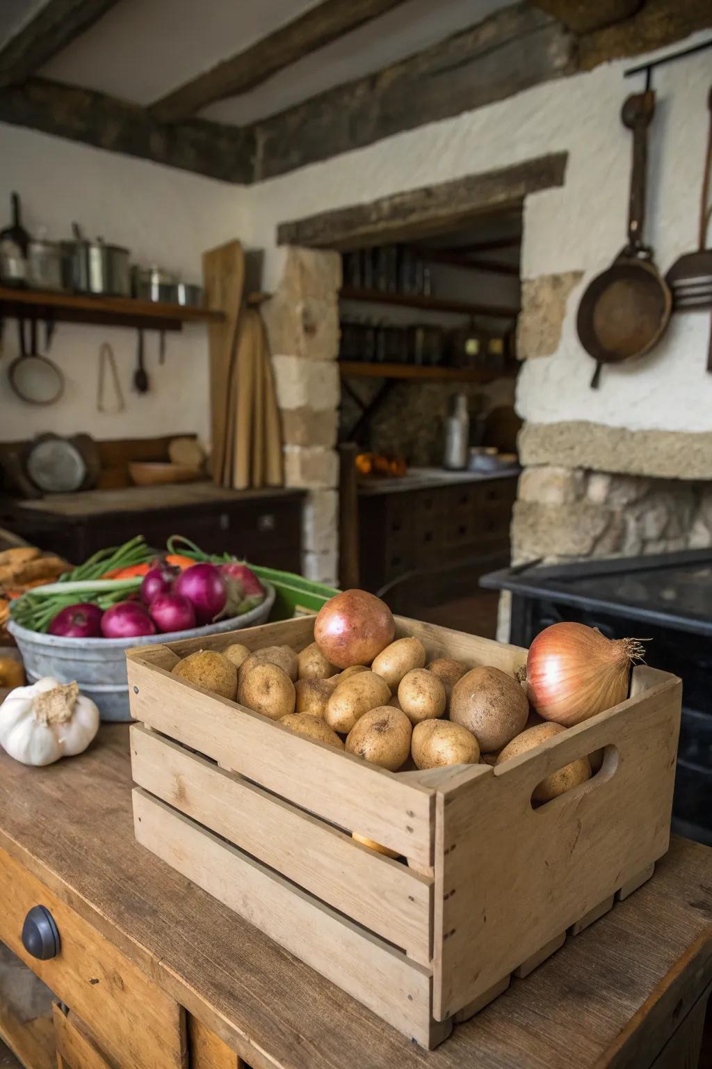 Timber crates offer a rustic and efficacious storage solution.