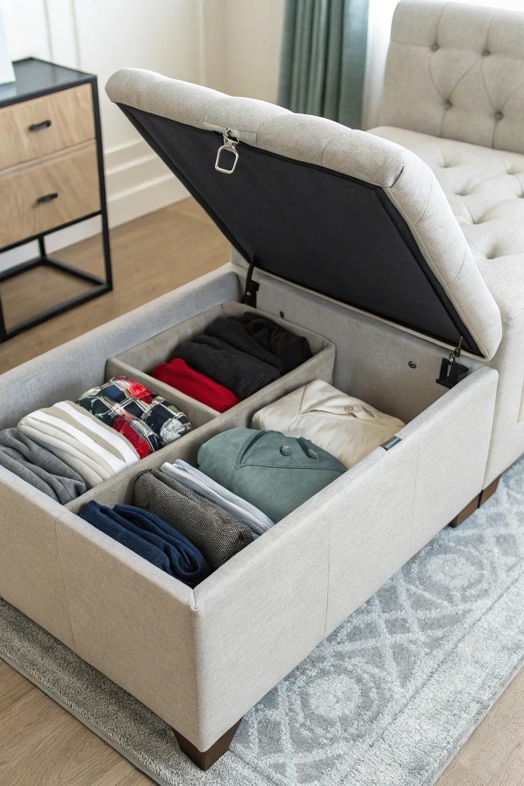 Ottomans with hidden storage keep sweatshirts out of sight and well-organized.