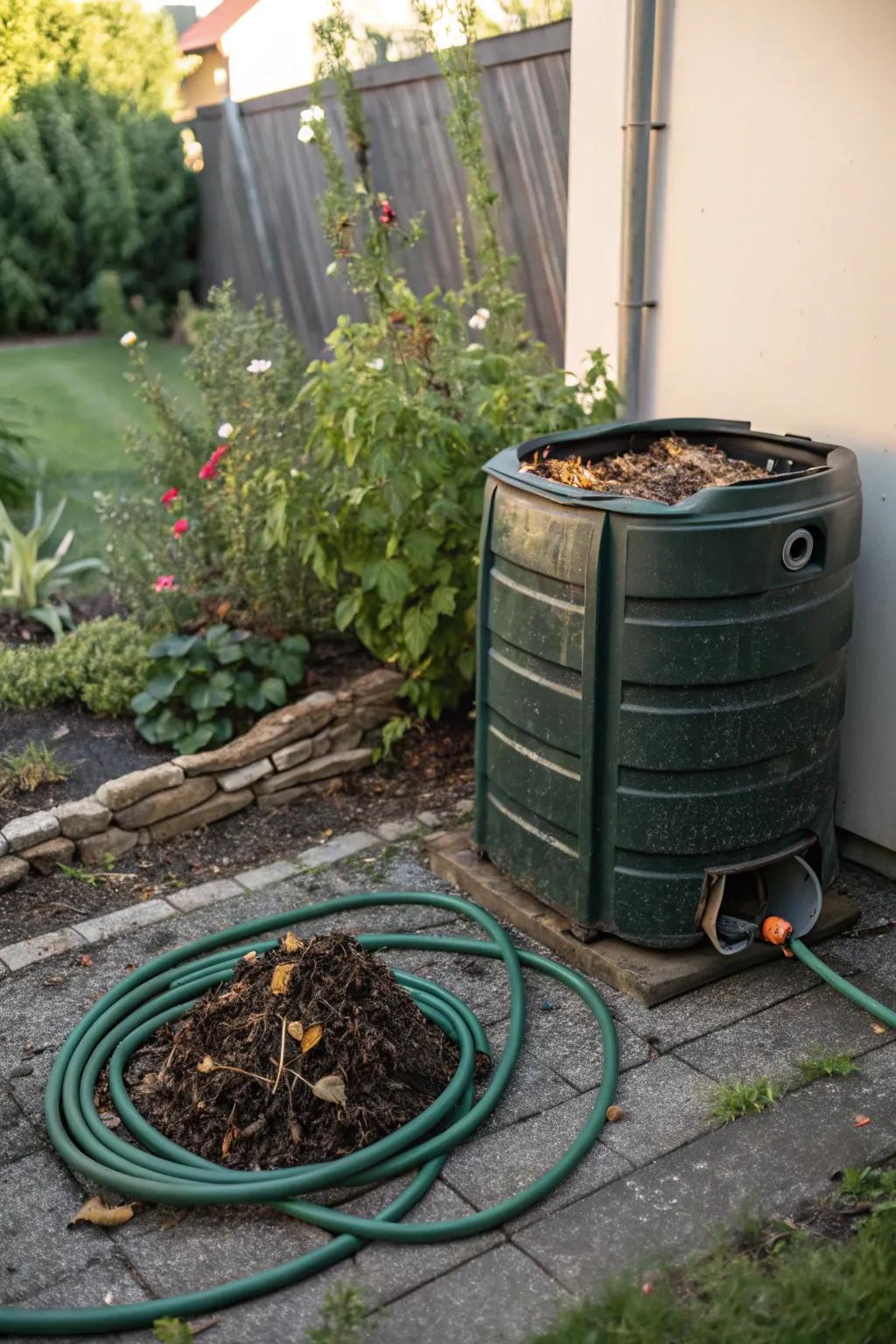 A compost bin strategically placed near a garden hose for convenient watering.