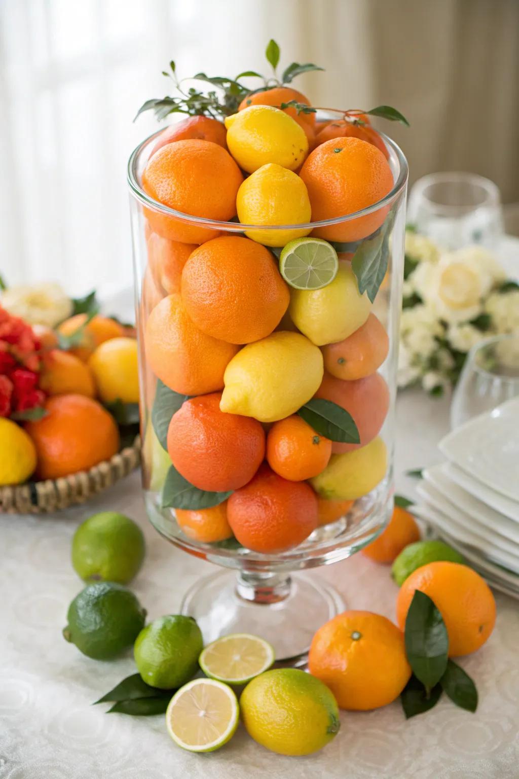 Fresh citrus fruits showcased within a hurricane vase, designed to introduce a burst of color and freshness.