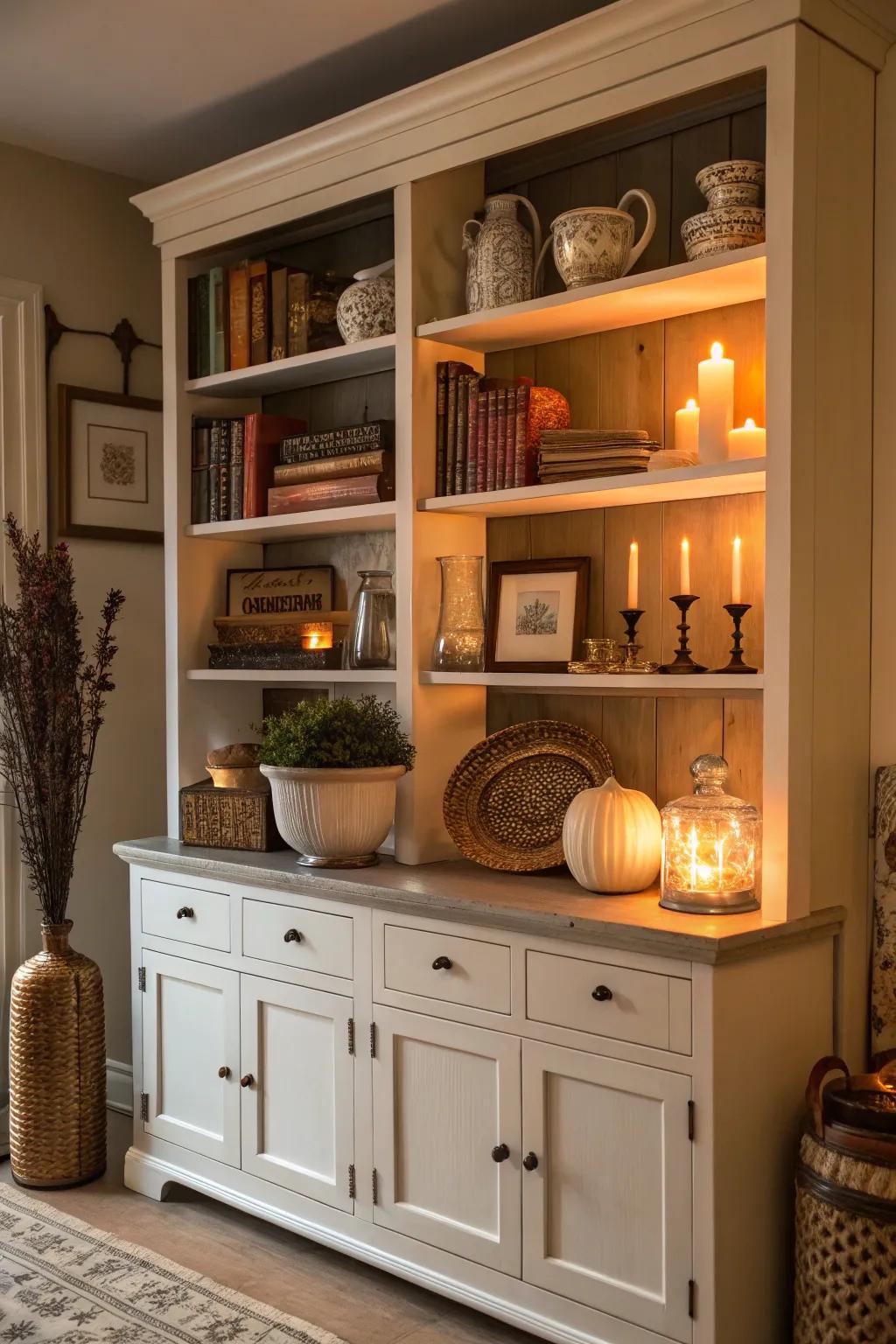 Functional items are beautifully displayed on this hutch.
