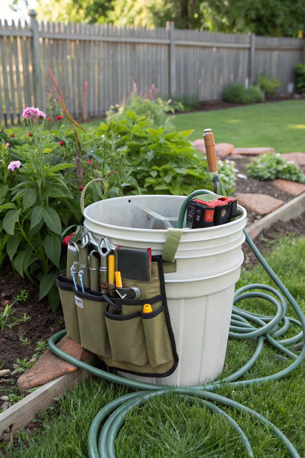 A pail with equipment connections makes for a convenient portable tool kit.