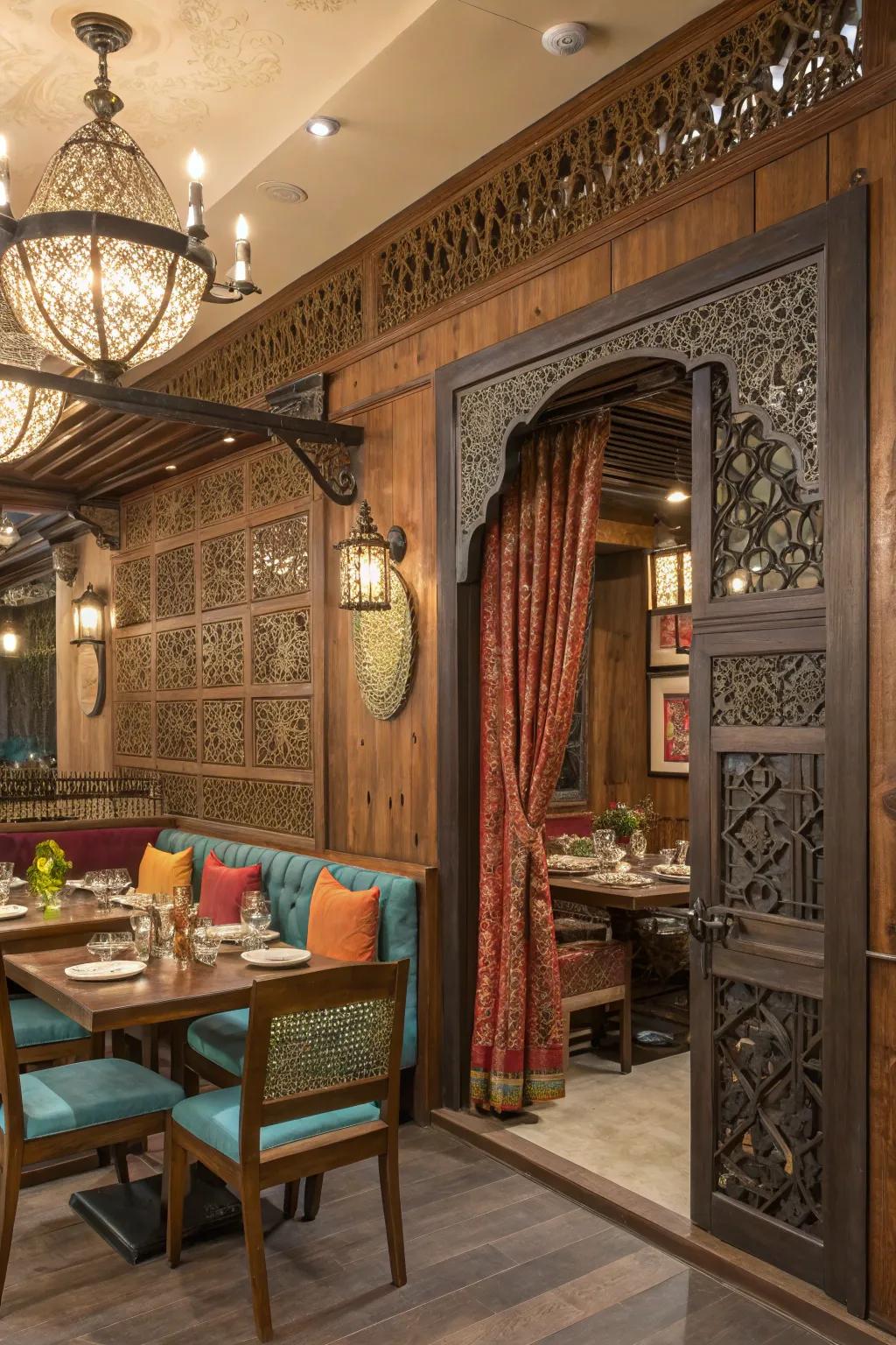 A harmonious blend of wood, metal, and fabric textures defines an Indian restaurant.