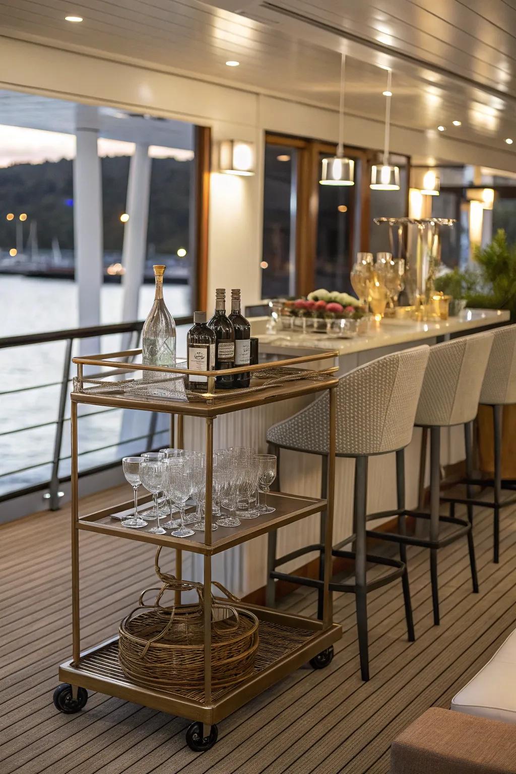 A portable bar setup introduces a social element to this indoor deck.