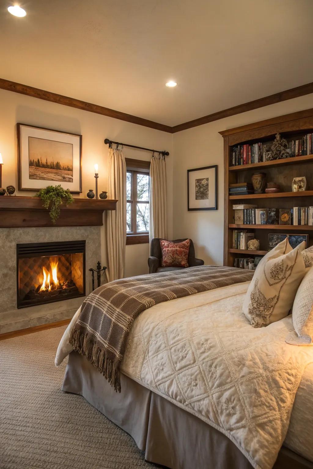 A boudoir featuring an inviting fireplace, establishing a cozy and welcoming ambiance.