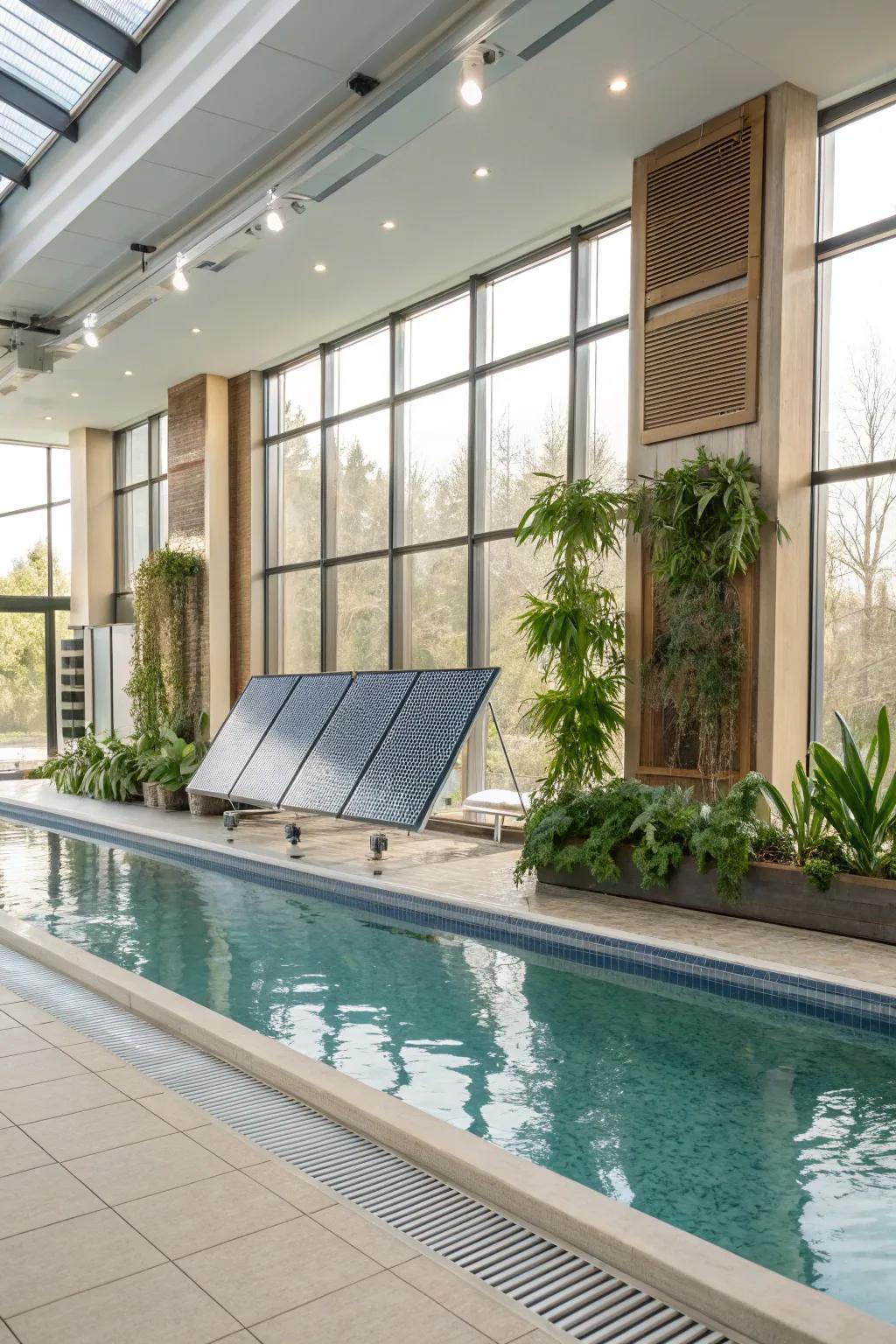 An indoor pool displaying sustainable heating treatments