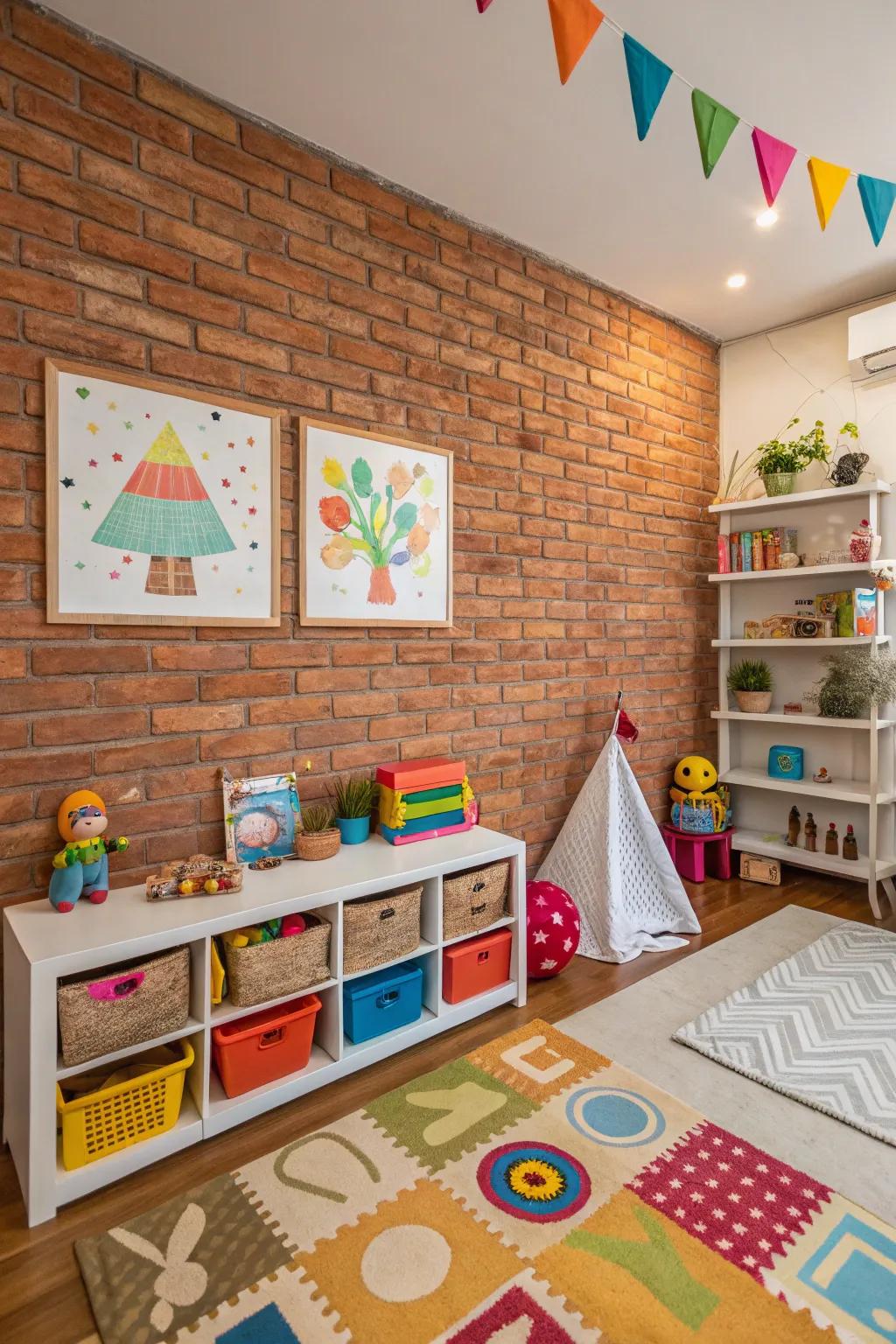 A playful children's chamber with a brick wall, combining sophistication with fun elements.