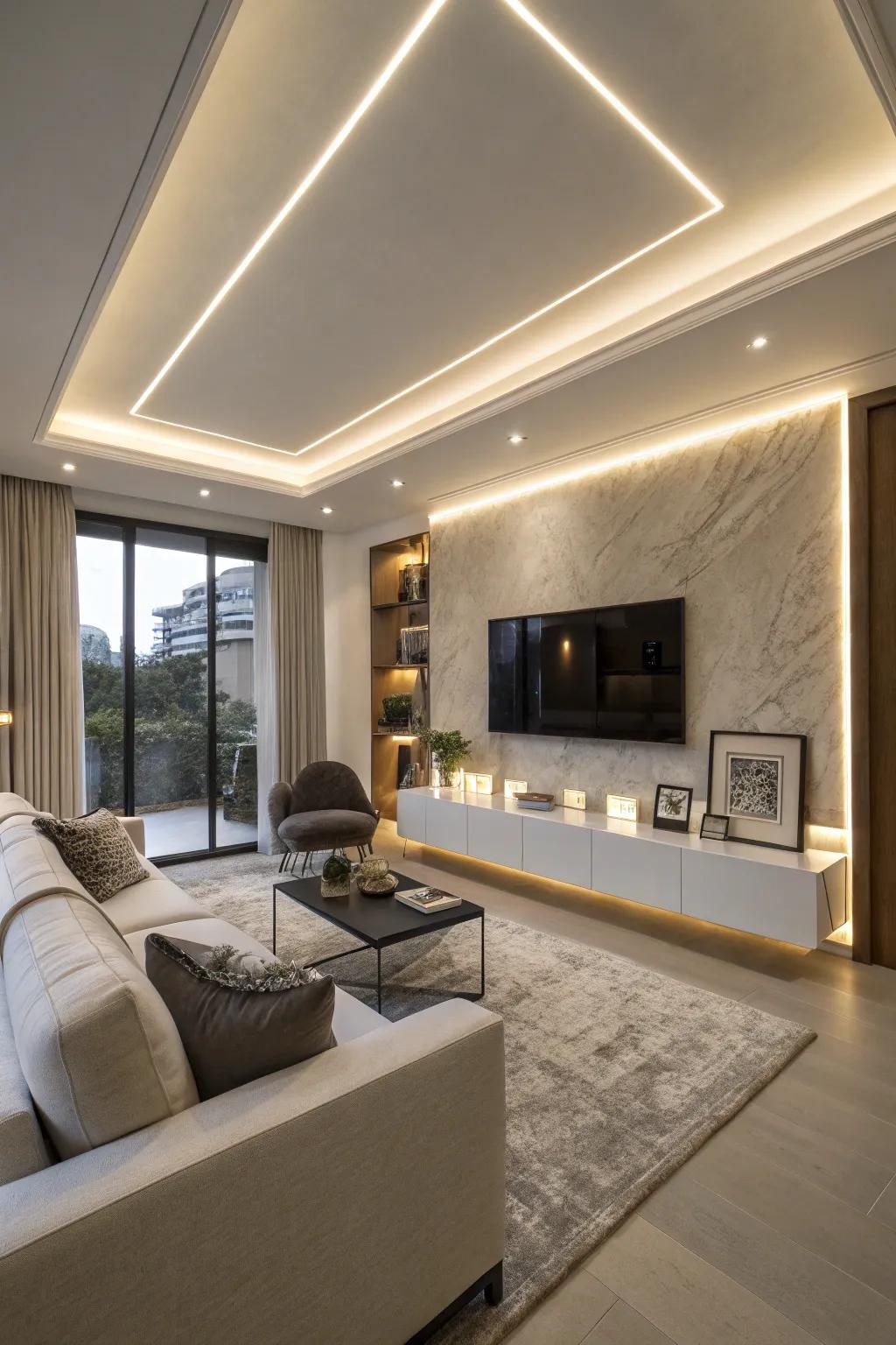 A modern living room featuring hidden lighting trim for subtle ambiance.